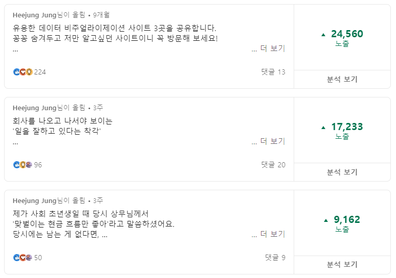 한 건의 포스팅이 2.4만회의 노출을 달성하기도 해요. (이미지: 링크드인)