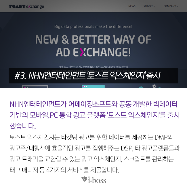 NHN엔터테인먼트가 어메이징소프트와 공동 개발한 빅데이터 기반의 모바일,PC 통합 광고 플랫폼 '토스트 익스체인지(TOAST eXchange)'를 출시